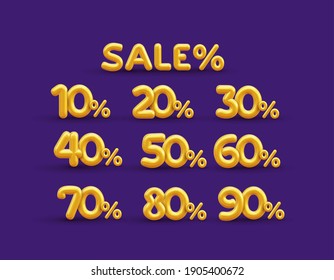 Set Of Sale Off Discount Promotion Set Made Of Realistic Numbers 3d Gold Helium Balloons. Vector Illustration Of Balloon Golden 10 To 90% Percent Discount Collection For Your Unique Selling Poster.