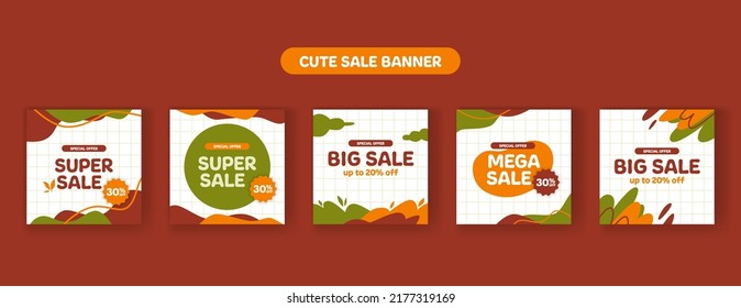 set of sale offer discount promotion for kid baby with warm autumn fall abstract memphis color pattern