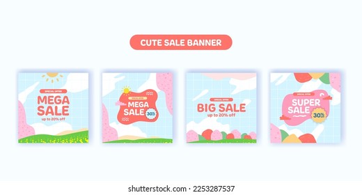 set of sale offer discount promotion square banner for kid children playful kawaii korean style element