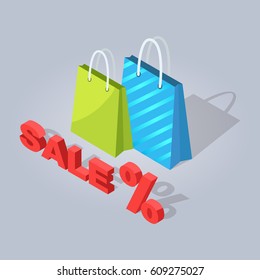 Set of sale online shopping handbags drawn on gray background with shadow. Vector illustration of green and blue with stripes packages of cardboard, red percent sign. Cartoon style bag in flat design.