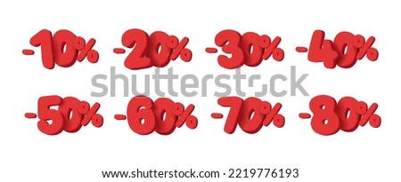 Set of sale percent 3d red numbers, rounded shapes cartoon render style