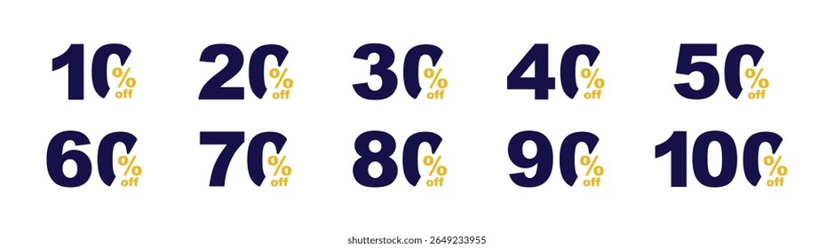 Porcentagem do conjunto de vendas. Números de desconto de compras com 10, 20, 30, 40, 50, 60, 70, 80, 90, 100 por cento de desconto.