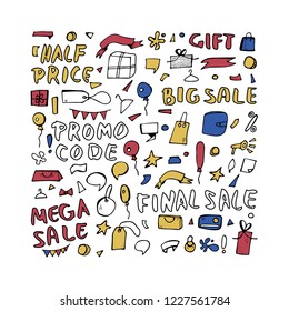 Set of sale phrases and objects for promotion banners. Collection promo items and inscriptions in doodle style. Vector illustration.