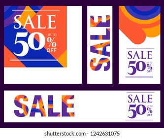 Set sale poster with percent discount. Geometric design