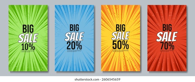 Set of sale poster. Retro comic style design for poster, flyer, booklet. Vector illustration.