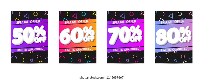 Set Sale posters design template, discount 50% 60% 70% 80%off, special offer, vector illustration