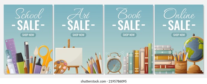 Set of sale posters. Items for school, art, reading, online store. Vector illustration. Education, business concept. For banner, flyer