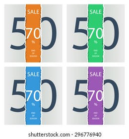 Set of sale posters with percent discount. Torn paper.