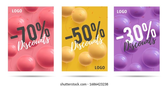 Set of sale posters with round shape balloons, stylish backdrop of mono color garphic, trendy modern flyer for promo fashion event