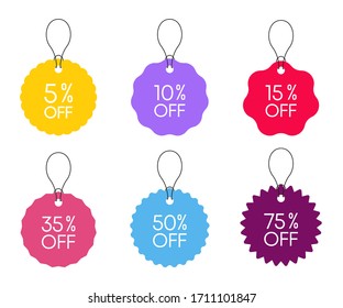 Set of sale or price discount tags of different color and in different shapes on white background. Vector illustration