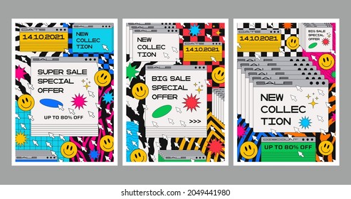 Set Of Sale Promo Trendy Modern Posters. Retro 90s Computer Windows Artwork. Psychedelic Pop Art.