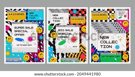 Set of Sale Promo Trendy Modern Posters. Retro 90s computer windows artwork. Psychedelic pop art.