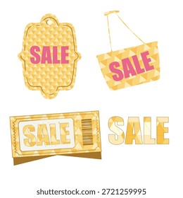 Conjunto de objetos de promoción de venta que incluyen un Cupón, etiqueta, etiqueta con una cesta de la compra y letras geométricas de "VENTA", adecuados para publicidad y diseño minorista