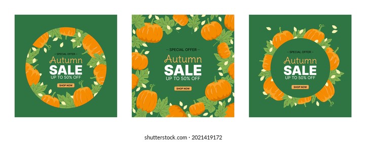 set of sale  pumpkin frames. Halloween. Frame for sales in orange, white ang green colors. Isolated vector stock illustration EPS 10.