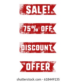 Set of sale red ribbons in retro letterpress style. Isolated on white background. Discount, special offer signs. Vector illustration..