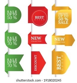 Set of sale ribbons. Price badges, special offer labels and discount stickers isolated vector illustration collection. Promoted templates and design elements