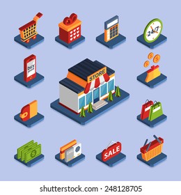 Set of sale and shopping flat 3d isometric icons and store building for design. Vector illustration.