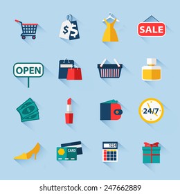 Set of sale and shopping flat icons for design. Vector illustration.