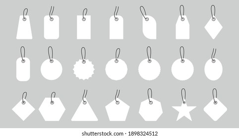 Set of sale shopping labels with rope. Realistic blank white paper price tags or gift tags. Set of sale shopping labels with rope. Vector