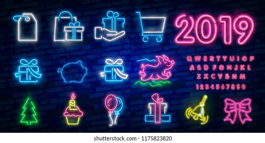 Set of sale signs neon frame light electric banners glowing on black brickwall background.Black friday Cyber monday 70 sale billboards