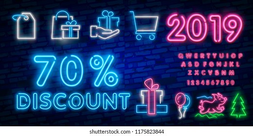 Set of sale signs neon frame light electric banners glowing on black brickwall background.Black friday Cyber monday 70 sale billboards