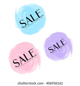 Set Sale signs over original grunge art brush paint texture background acrylic stroke vector illustration. Perfect watercolor design for shop banners or cards.