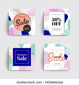 Set of sale social media box templates. Memphis covers design for your Facebook, Instagram or Twitter. Trendy colorful bubble shapes composition. Vector backgrounds.