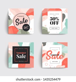 Set of sale social media box templates. Memphis covers design for your Facebook, Instagram or Twitter. Trendy colorful bubble shapes composition. Vector backgrounds.