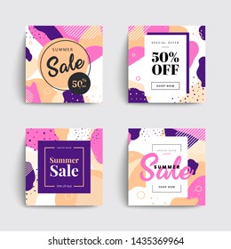 Set of sale social media box templates. Memphis covers design for your Facebook, Instagram or Twitter. Trendy colorful bubble shapes composition. Vector backgrounds.