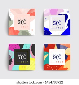 Set of sale social media box templates. Memphis cover template 30 off, 50, 70, 90 percent sale label symbols, discount promotion icon. Trendy colorful bubble shapes composition. Vector backgrounds.