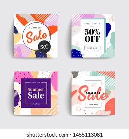 Set of sale social media box templates. Memphis covers design for your Facebook, Instagram or Twitter. Trendy colorful bubble shapes composition. Vector backgrounds.