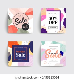 Set of sale social media box templates. Memphis covers design for your Facebook, Instagram or Twitter. Trendy colorful bubble shapes composition. Vector backgrounds.