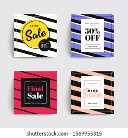Set of sale social media box templates. Stripes covers design for your Facebook, Instagram or Twitter. Vector backgrounds.
Applicable for banners, social media, flyers.