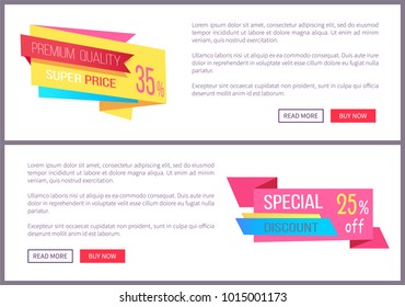 Set sale special offer order now web poster with push buttons read more and buy now. Vector illustration advertisement banner with info about discounts