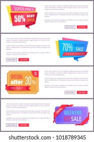 Set sale special offer order now web poster with push buttons read more and buy now. Vector illustration advertisement banner with info about discounts