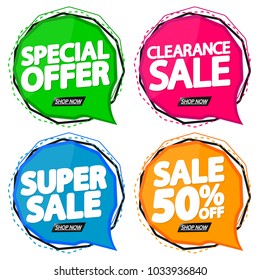 Set Sale speech bubble banners, discount tags design template, app icons, vector illustration