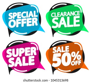 Set Sale speech bubble banners, discount tags design template, app icons, vector illustration