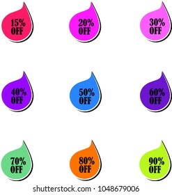 Set Sale speech bubble banners, discount tag 15% off, 20,30, 40,50,60,70,80,90 off element design template, app icon, vector illustration.