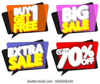 Set Sale speech bubble banners, promotion tags design template, discount up to 70% off,  app icons, vector illustration