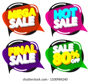 Set Sale speech bubble banners, discount tags design template, 80% off, app icons, vector illustration