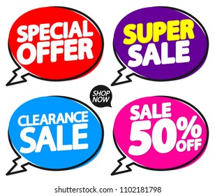 Set Sale speech bubble banners, discount tags design template, 50% off, app icons, vector illustration