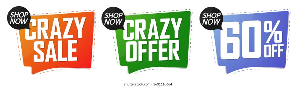 Set Sale speech bubble banners design template, crazy offers, 60% off, shop now, discount tags, vector illustration