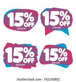 Set Sale speech bubble banners, discount tags 15% off, element design template, app icon, vector illustration