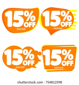 Set Sale speech bubble banners, discount tags 15 percent off, elements design template, app icon, vector illustration