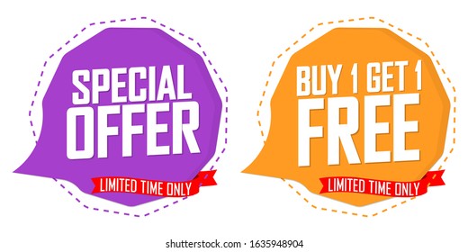 Set Sale speech bubbles banners design template, discount tags, buy 1 get 1 free, special offers, vector illustration