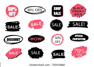 Set of sale sticker, background, spot, strokes. Dirty artistic design elements, boxes, frames for text.