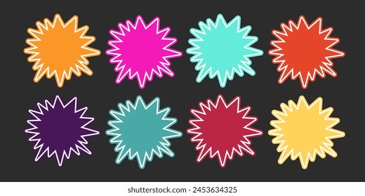 Set of sale sticker, price tag, starburst, quality mark, sunburst badges, retro stars. Flat vector design elements. Starburst speech bubbles