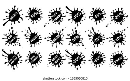Set of sale stickers and labels. Set of black blots for sales, on the white background. Sale percents. Discount Sale Splashes Set Isolated on White Background. Vector  Illustration