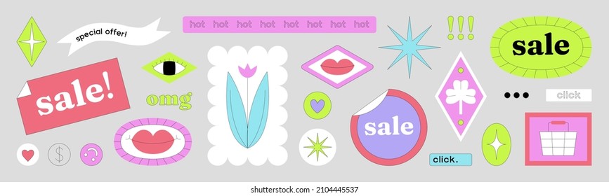 Set with sale stickers in modern acid colors. Online beauty shopping. Vector illustration. Promo label stickers can be used in web or typographic design (banners, apps, package, posters, flyers).