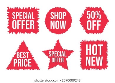 Set of Sale stickers with red color brush stroke shapes. Sale quality tags and labels for Discount template, banner, shopping poster. Special offer, 50% off, best price, shop now, black friday event